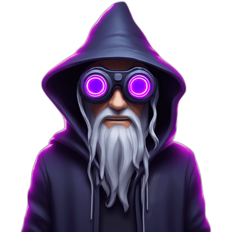 Gandalf wearing a black hoodie with "OMG" letters on it and VR headset in a cyberpunk VR environment with violet neon lighting. emoji