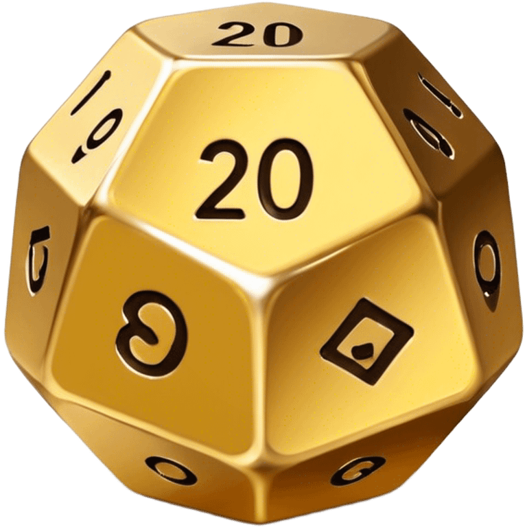 A gold 20-sided die
Gold color with metallic shine emoji