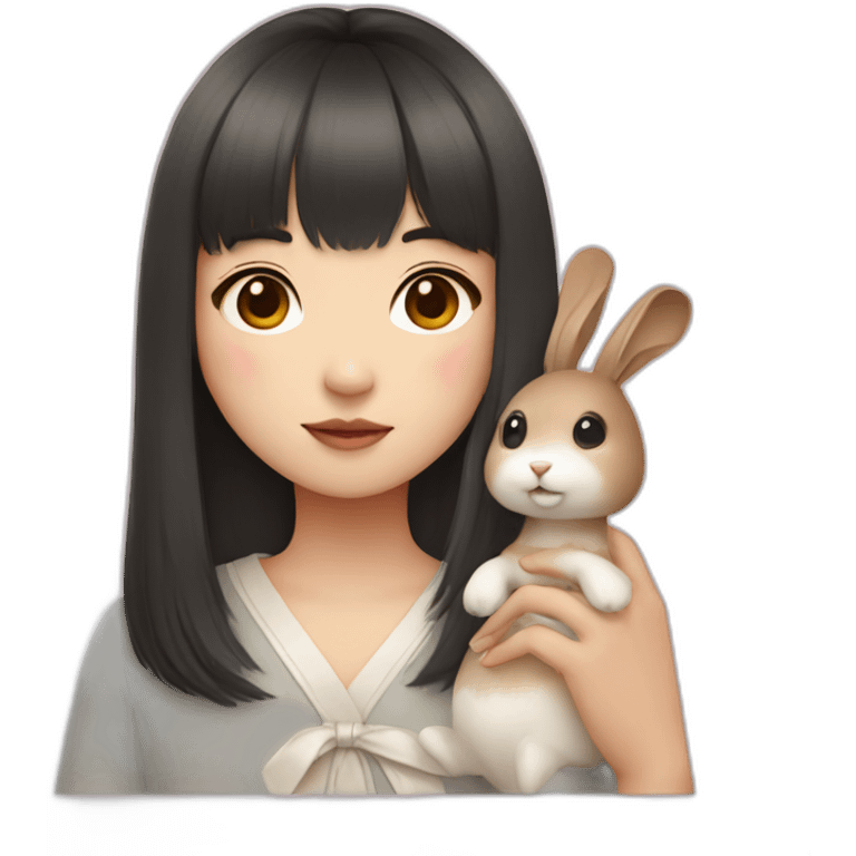 korean girl with bangs holding rabbit emoji