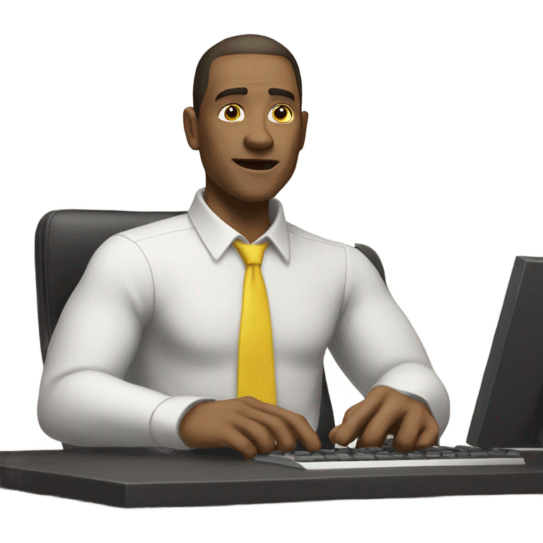 yellow skin man using white keyboard on desk wearing white button down shirt front view emoji