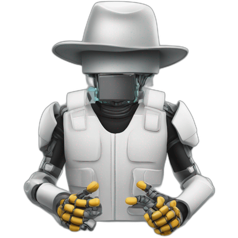 Bullet proof vest, robotic hands, smoke a cigarett, hat without star emoji