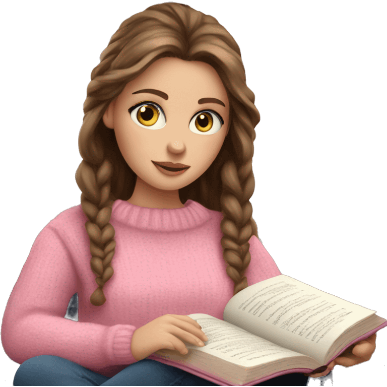 Pretty white girl with blue eyes and brown hair in pink cozy sweater reading book emoji