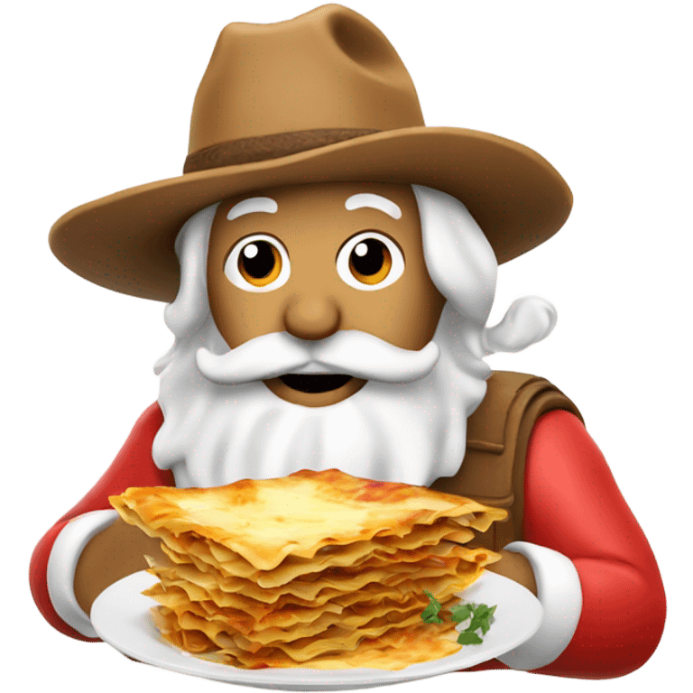 Santa with cowboy hat eating lasagne emoji