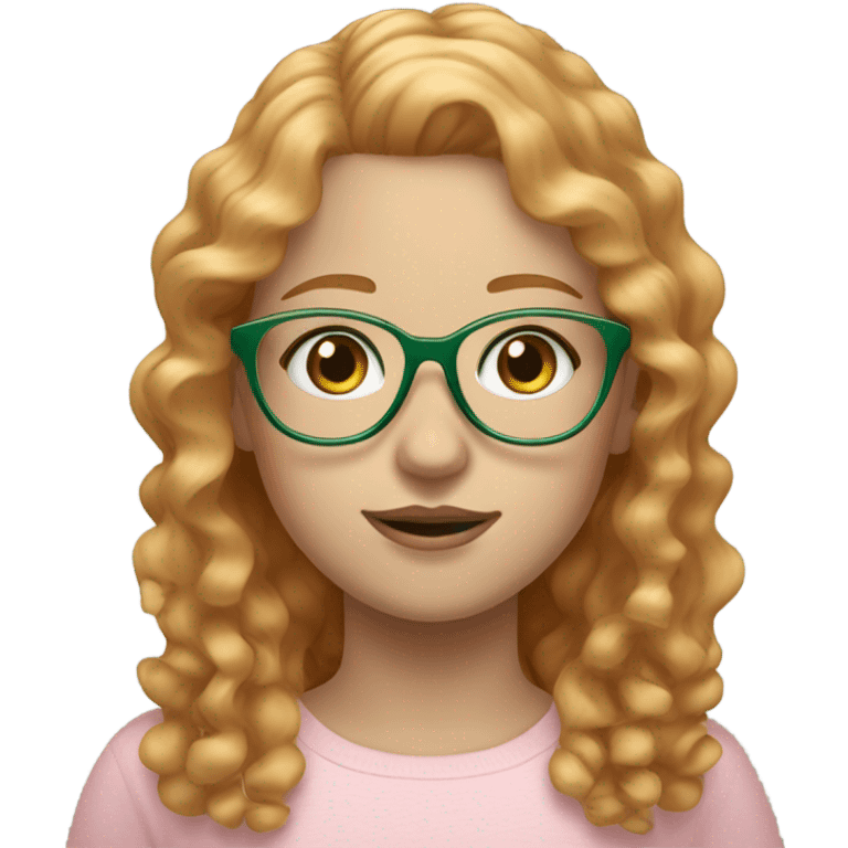 Girl with curly strawberry blond hair, pale skin, freckles, sage green eyes, and light pink glasses emoji