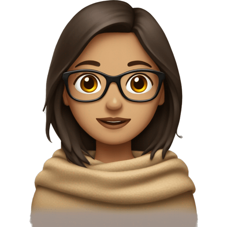 brunet girl with glasses a plad beige blanket and hit chocolate emoji