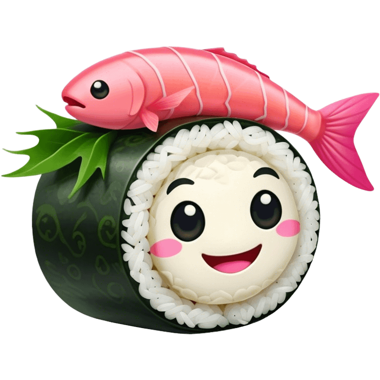 Cute Kawaii Maki Sushi Roll, small and round, wrapped in soft dark green seaweed, tiny grains of rice peeking out, a bright pink fish filling, a cheerful smiling face! emoji