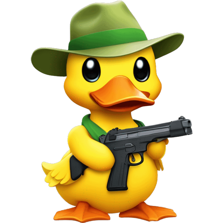 Create a cute yellow duck wearing a hat with the Polyhedra Network logo. The duck is holding a playful toy gun, with a cheerful expression. The style should be colorful and adorable, emphasizing a friendly and fun vibe.  emoji