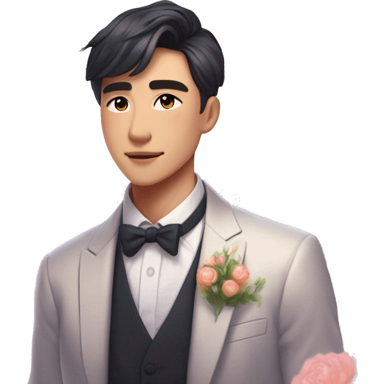 Gorgeous romantic anime style Asian formal modern gentlemanly guy with flowers and blushing face aesthetic trending style outside with colorful gradient bright light colors emoji