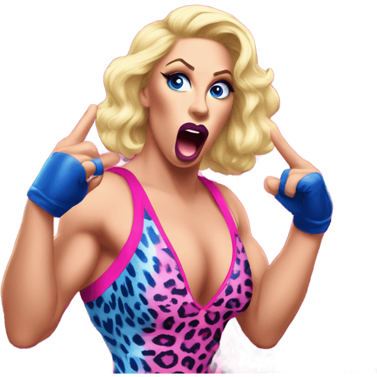 Tall blonde Caucasian muscular woman wrestler with blue eyeshadow and big lips wearing a pink leopard print leotard blowing a kiss emoji