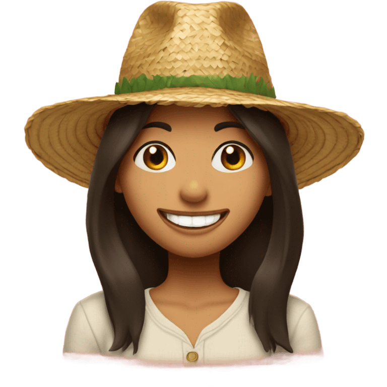 Brunette girl in straw hat with all of her teeth, except for her front top teeth with new year background  emoji