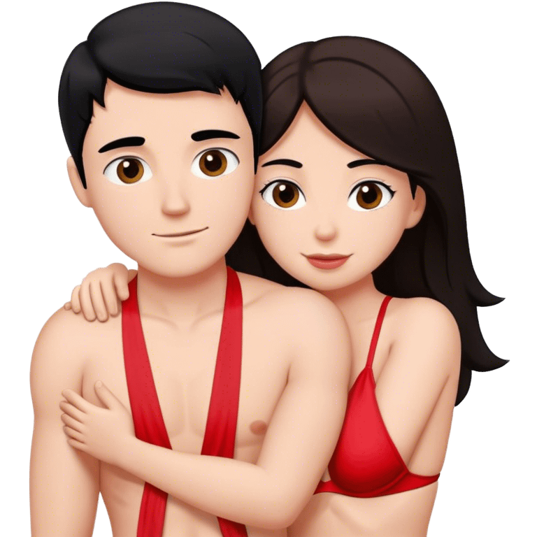 Black hair in white boy he is hugging his wife brown hair white skin wearing red bikini  emoji