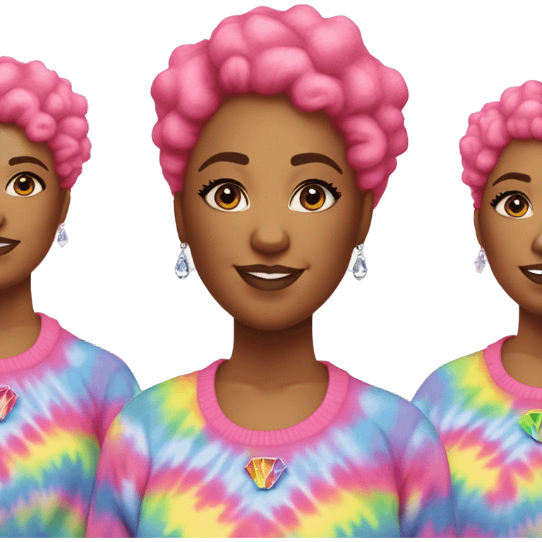 Plus size black woman with pink curly pixie cut hair and a rainbow tie dye sweater , and diamond stud earrings  emoji