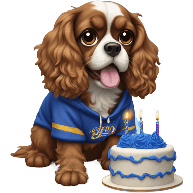 Cavalier wearing an Everton hoodie with a birthday cake emoji