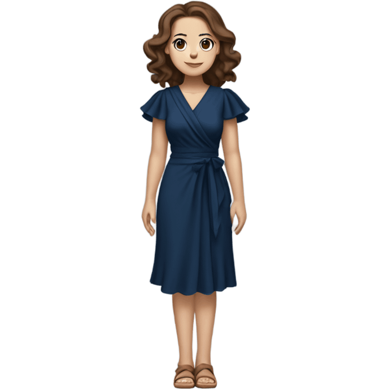 White girl with brown hair dark blue ruffle sleeve wrap dress full body emoji