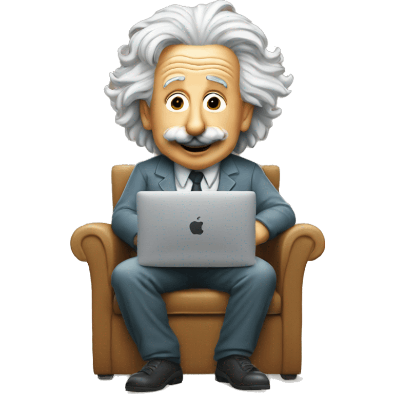 albert einstein happy sitting in the chair with apple macbook emoji