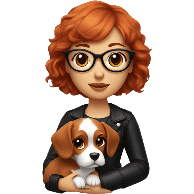 red-haired girl with bangs and short hair and black glasses leather holding a Cavalier puppy emoji