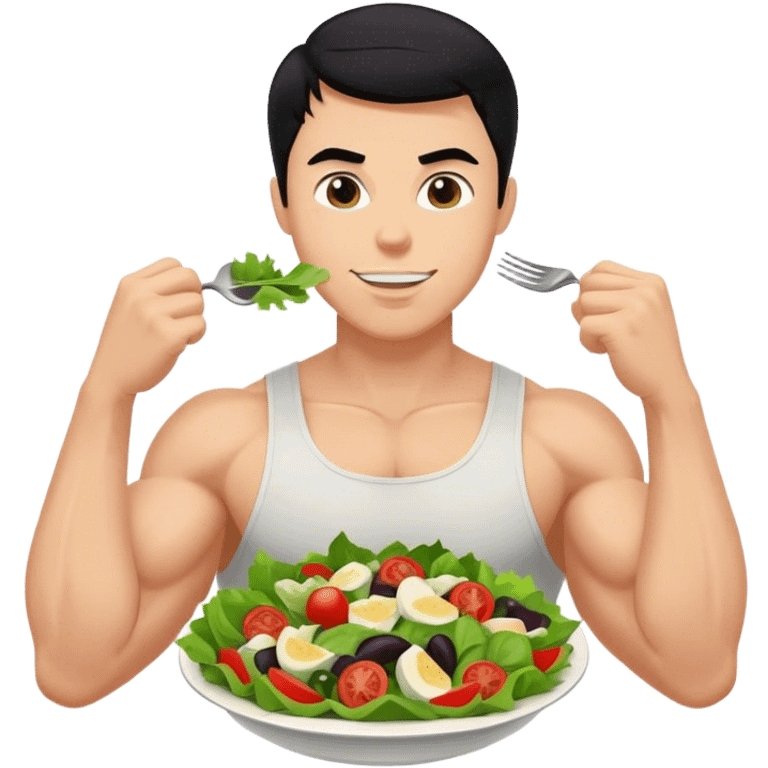 White guy with black hair and arm muscles eating a salad emoji