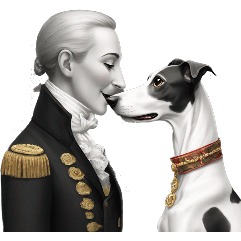 Two aristocrat dog black and white galgo kiss with women  emoji