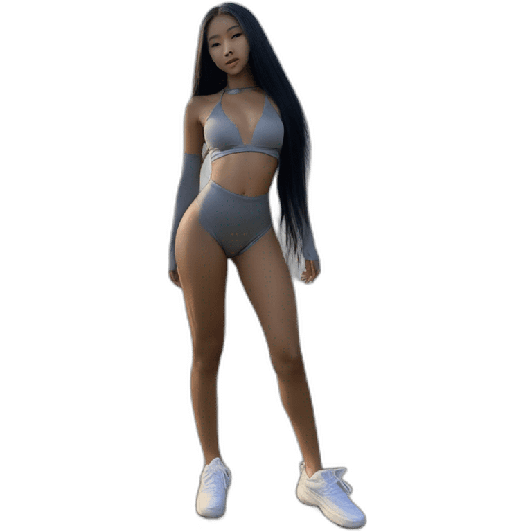 legs, body standing head to toe, blasian girl, kpop idol, angelic beauty, korean american, black girl, beach suit, grey dyed hair, grey shiny, very long hair, make-up on fleek, baddie emoji