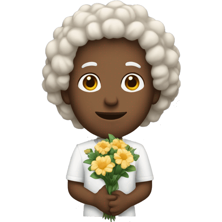 White man with curly hair holding flowers  emoji