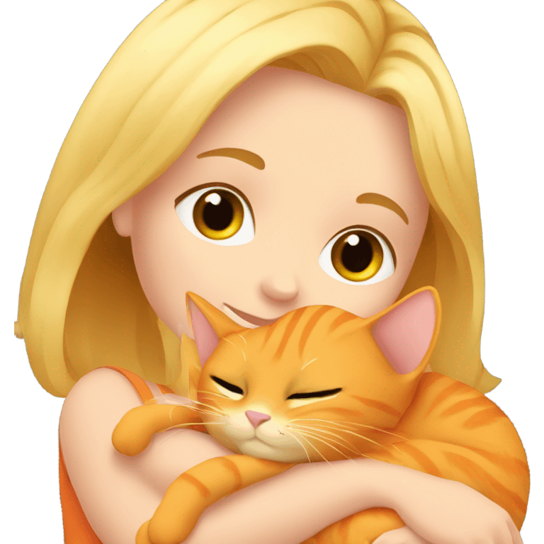 Blonde girl cuddling with her orange cat emoji