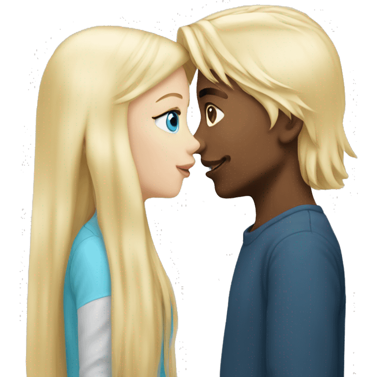 Girl with long back hair with bangs kissing boy with blonde hair blue eyes and white skin emoji