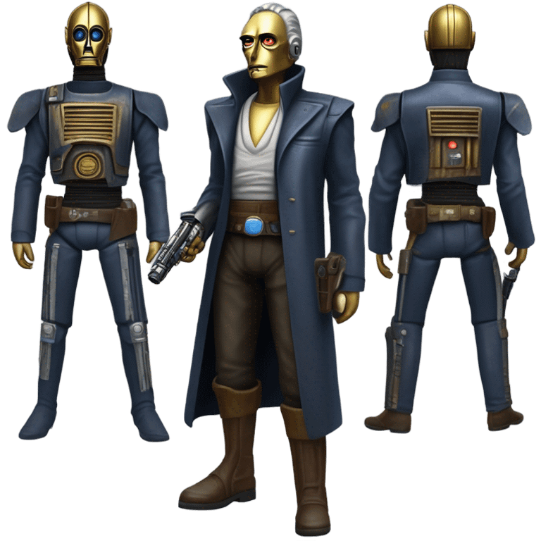 bounty hunter tarnished undercover tough well-equipped Jedi  life-sized darkblue-pearl C3po leather vest clothing pants and vest old west duster coat holding light saber sheriff holstered gun emoji