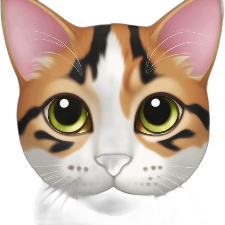 young striped calico cat face with a pink nose, white chin, green eyes, and orange/brown markings emoji