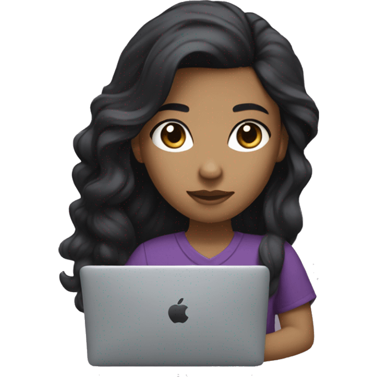 Programmer girl with black wavy hair with macbook. With black eyes, and tan skin, and a dark purple shirt emoji