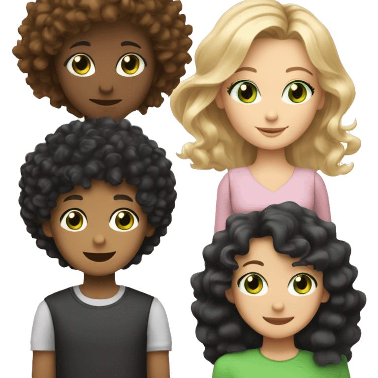 pretty white mom with curly black hair and brown eyes, a 6-year-old boy with black hair and green eyes, and a 13-year-old girl with curly blonde hair and brown eyes emoji