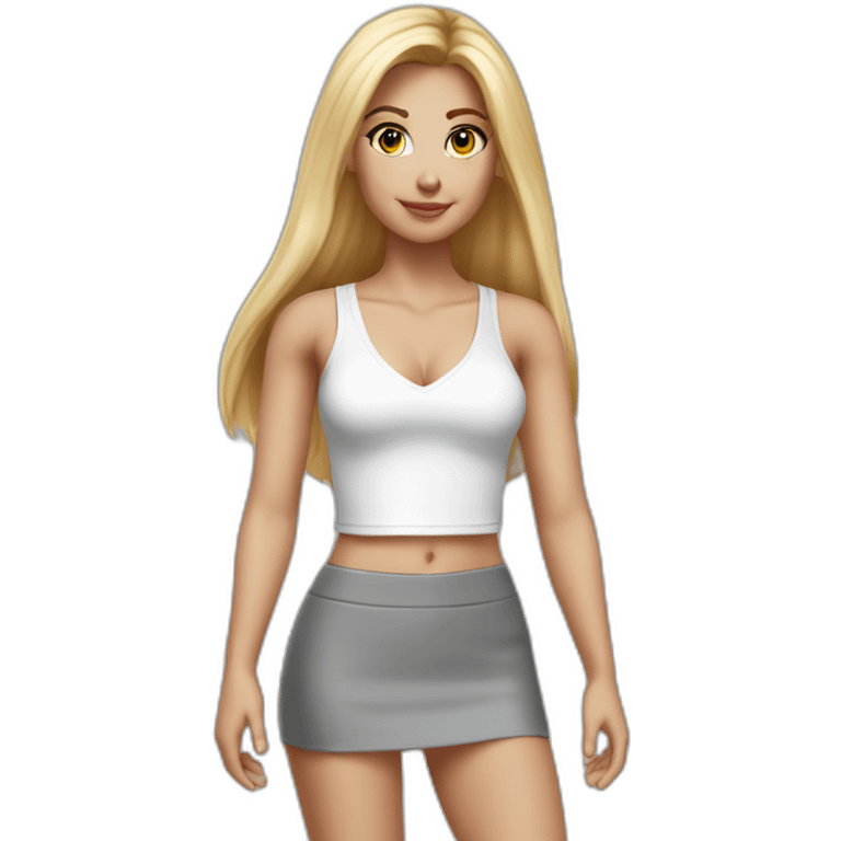 hyperrealistic caucasian blonde, long straight hair, white deep v-neck crop tanktop, gray tight mini skirt, walking body view emoji