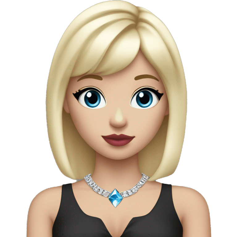 Blonde hair with bangs, blue eyes, girl, pink lips, black eyeliner, red blush on cheeks and nose, pink eyeshadow, black shirt with lower arms shown shoulder, silver necklace with little blue diamond, holding little white pipe in one hand emoji