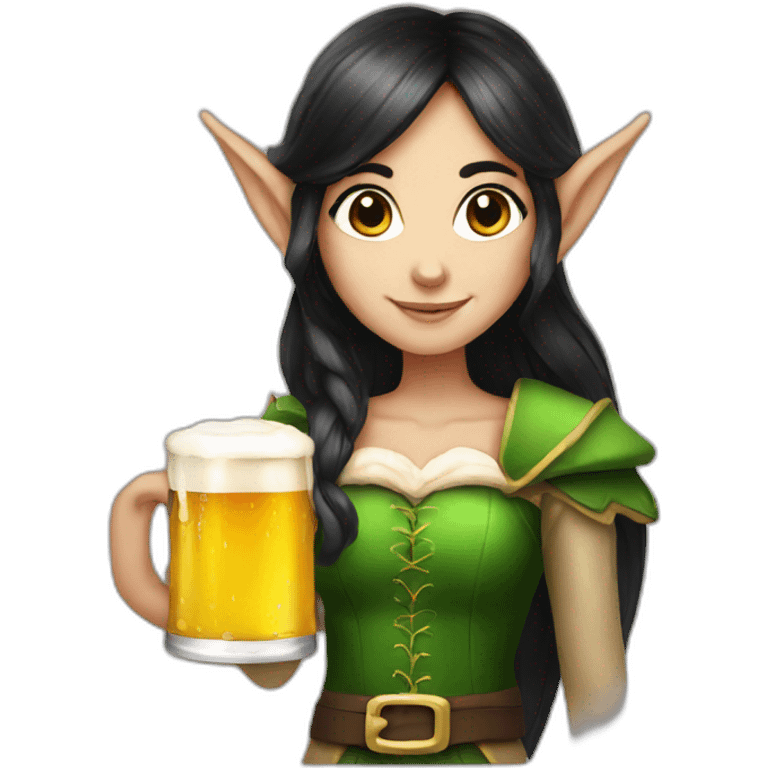 Elf girl with dark hair holding a beer emoji