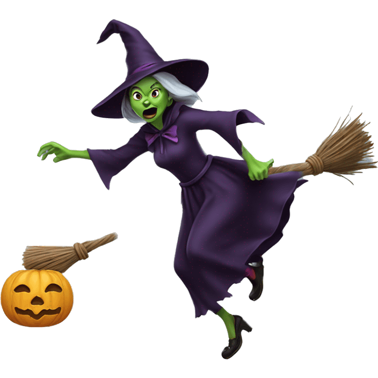 Scarry witch, flying to the left on a broom, throwing candy. emoji