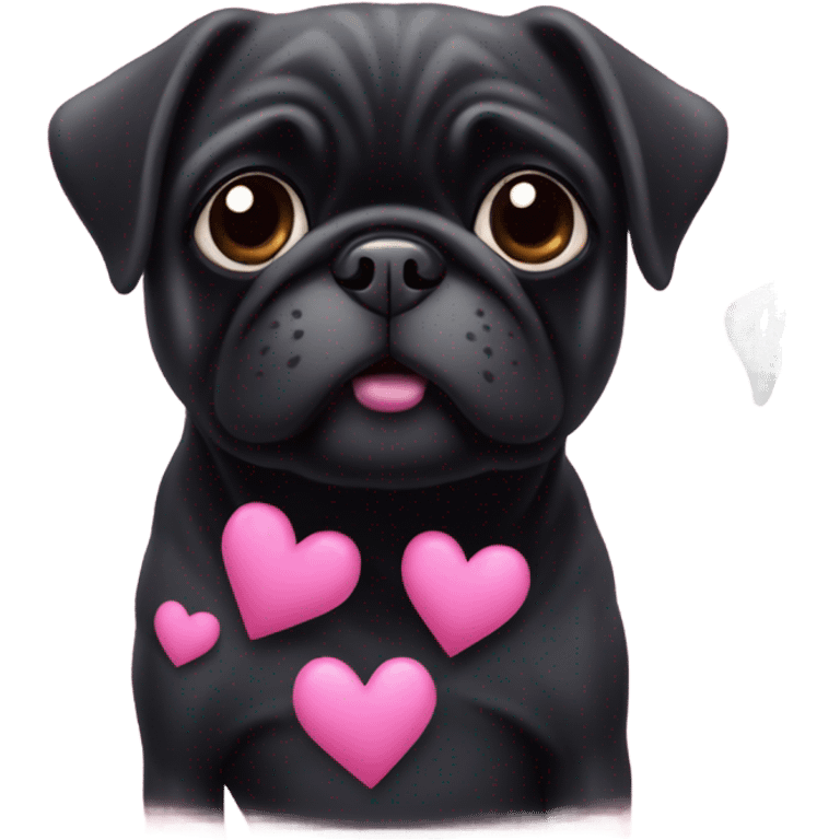 Black pug surrounded by pink hearts emoji