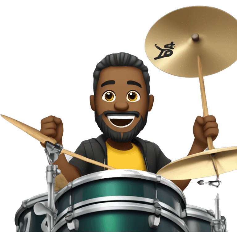 Imagine a Brazilian drummer with tied hair and a beard, laughing and celebrating while playing drums in a live broadcast. The logo "GG Lukas Drummer" should appear in the background of the image. emoji