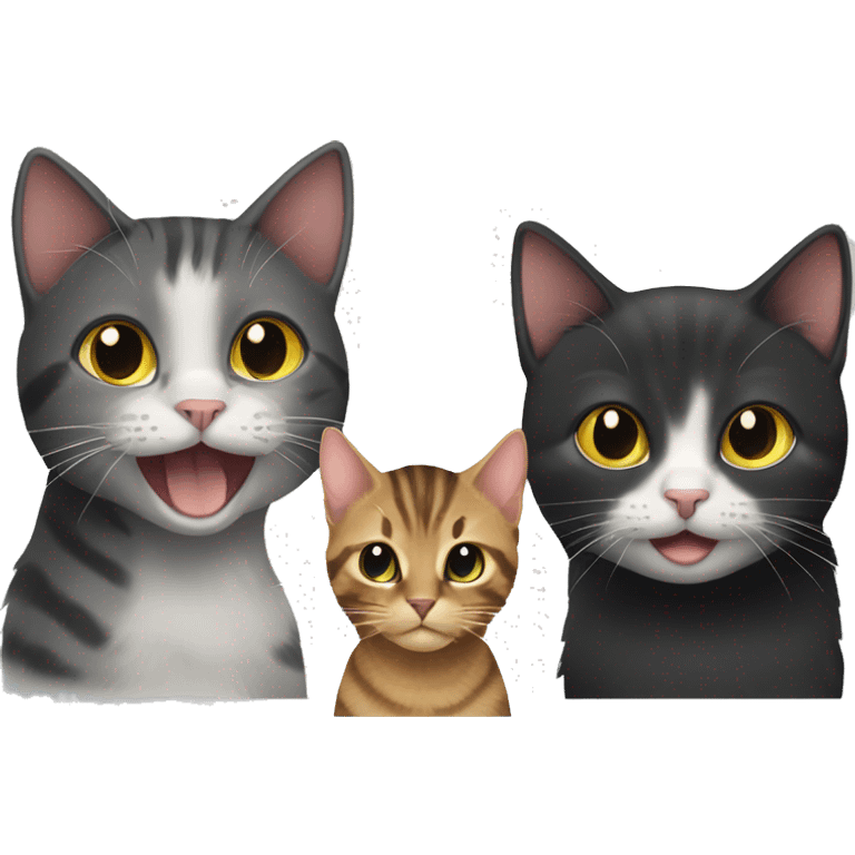 A black cat, a tabby cat and a long hair tabby cat together looking happy emoji