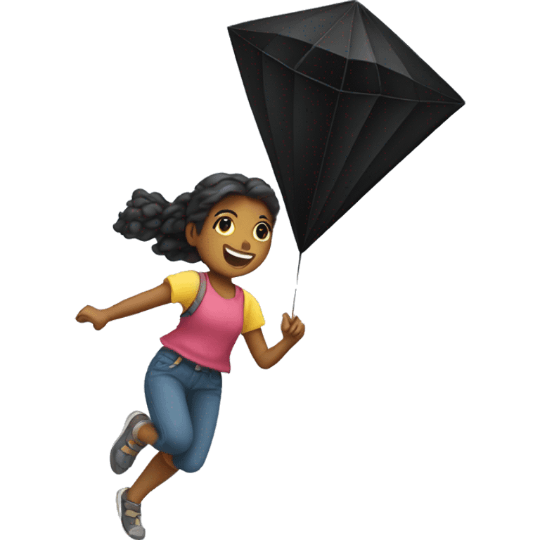 Girl flying a black diamond shaped kite emoji