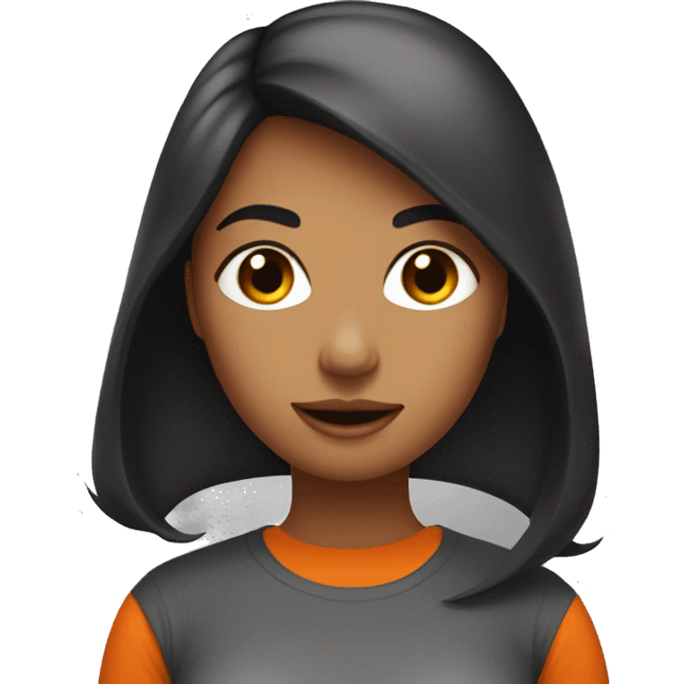 woman darker with dark straight hair in orange color t-shirt. she stay with vacum cleaner emoji