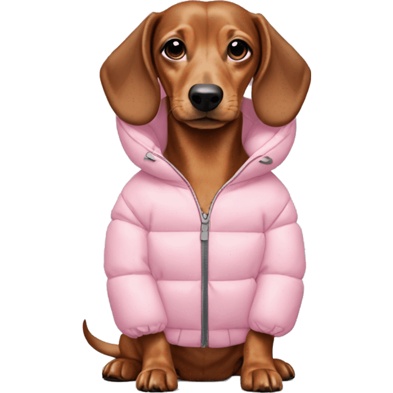 Dashchund wearing a light pink puffer jacket  emoji