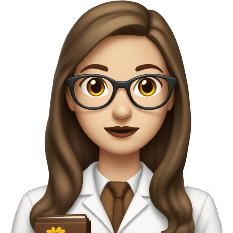 White girl with chocolate long hair in butterfly cut, wearing a scientist uniform and using glasses, with brown/red lipstick  emoji