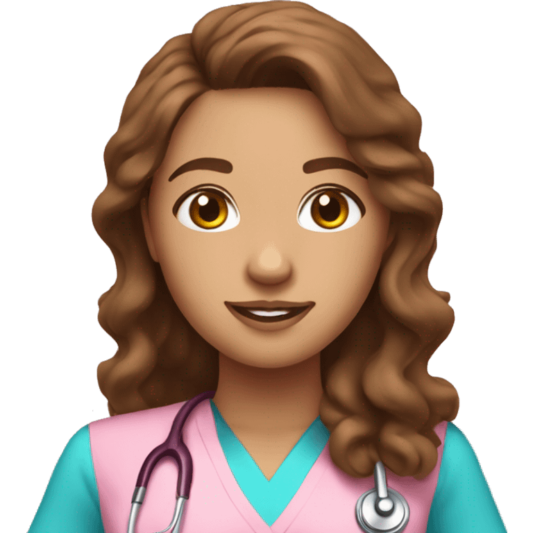 Pretty nurse with long brown wavy hair with pink scrubs emoji