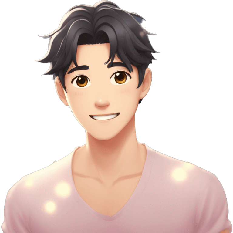 Gorgeous bright sparkly romantic Asian anime gentle man with blushing face aesthetic trending style outside emoji