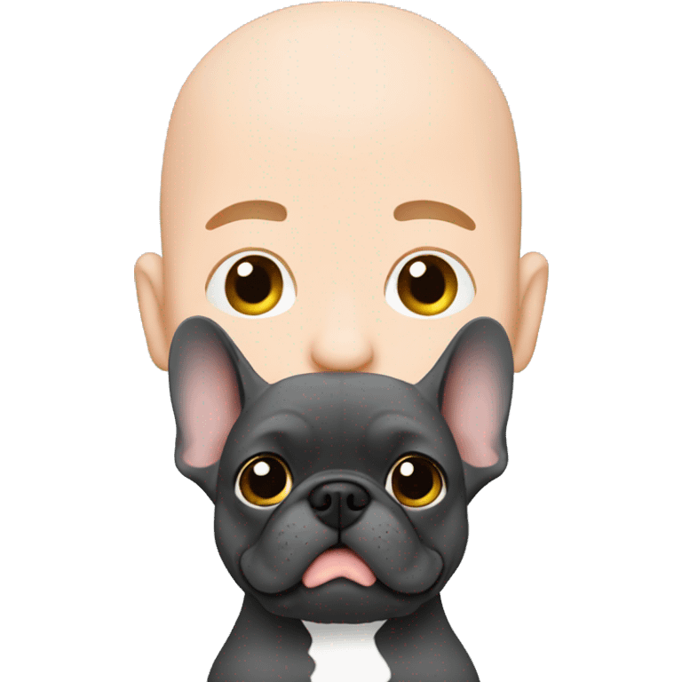 Bald man holding dark grey french bulldog  emoji