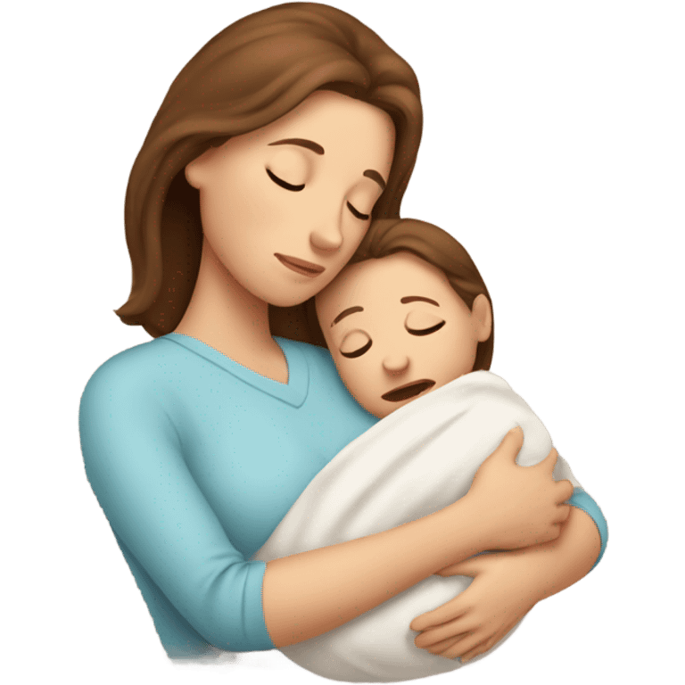  tired caucasian mother with brown hair holding newborn emoji