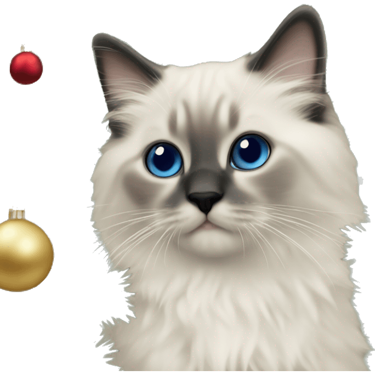 Blue colorpoint ragdoll kitten with dark nose climbing a Christmas tree emoji