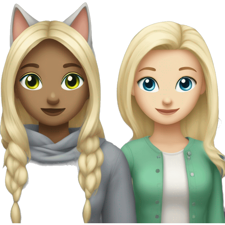 blue eyes grey kitten and green eyes blonde girl are friends emoji