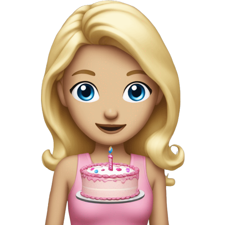 Blonde girl with blue eyes holding a pink birthday cake  emoji