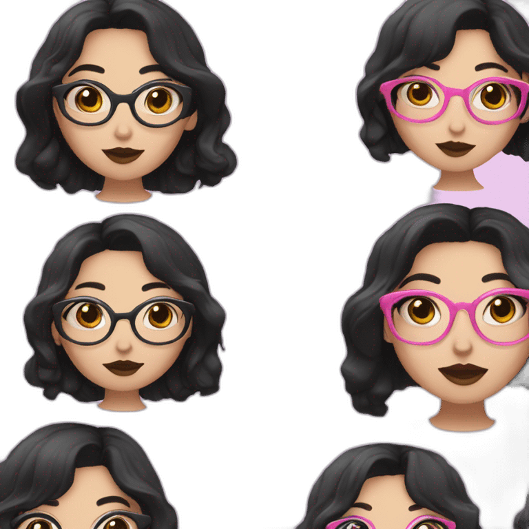 girl programmer with black wavy hair and white skin and pink lipsand big eyes with rounded glasses emoji