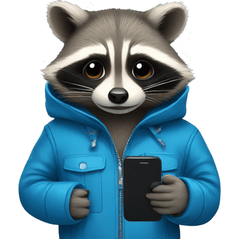 Raccoon with phone in blue jacket emoji